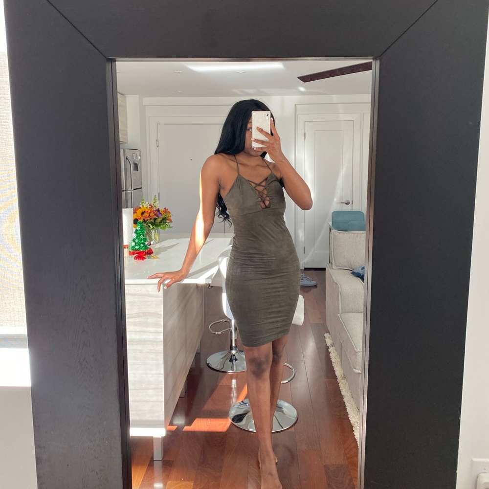 Olive green cross back dress with bust cutout